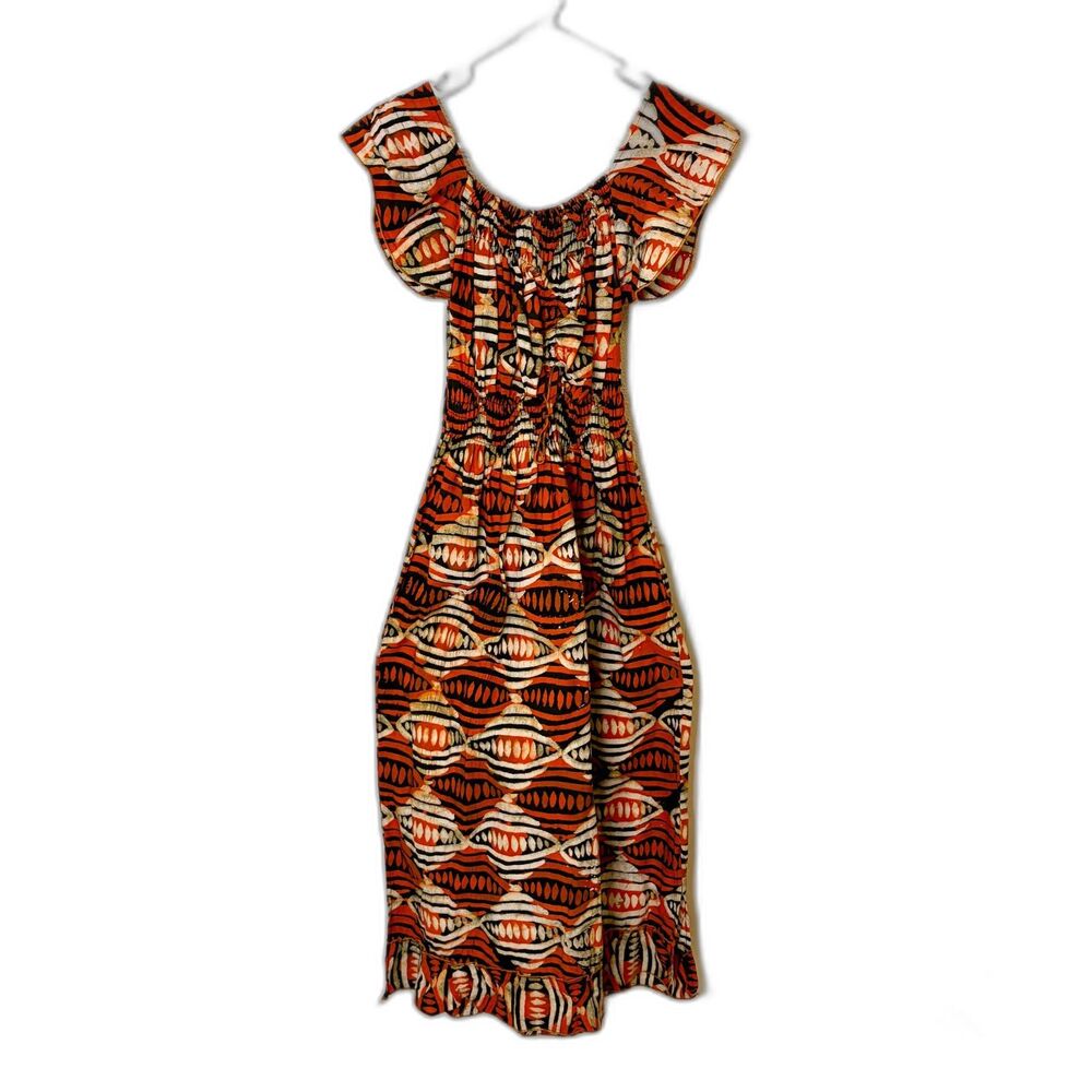 Vintage 70s Batik Maxi Dress Smocked Waist Flutter Sleeve Orange Black Boho S/M